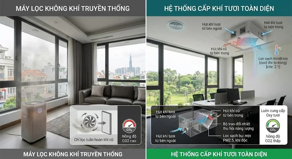 Sự khác biệt giữa máy lọc không khí truyền thống và hệ thống cấp khí tươi toàn diện