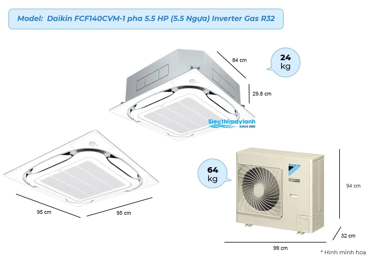 Máy lạnh âm trần cassette Daikin FCF140CVM 5.5HP - Loại Inverter (FCF140CVM / RZF140CVM + BRC1E63 + BYCQ125EAF8) - Daikin - Điện máy ELC