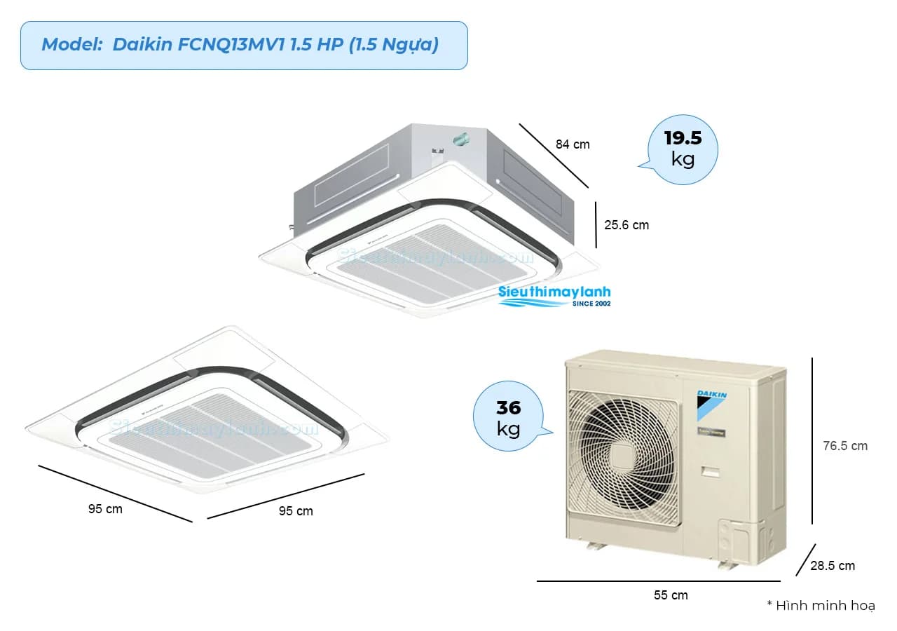 Máy lạnh âm trần cassette Daikin FCNQ13MV1 1.5HP - Loại Không Inverter (FCNQ13MV1 / RNQ13MV1 + BRC2E61 + BYCP125K-W18) - Daikin - Điện máy ELC