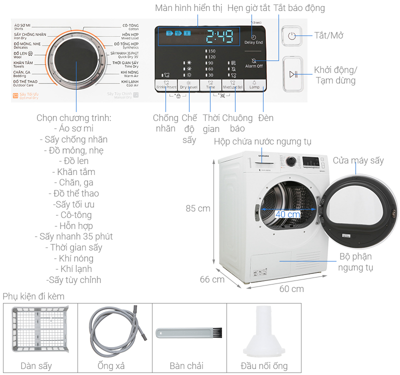 Thông số kỹ thuật Máy sấy bơm nhiệt Samsung Inverter 9 Kg DV90M5200QW/SV