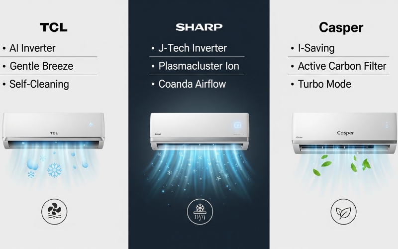 So sánh máy lạnh TCL với Sharp và Casper: Hãng nào đáng mua?